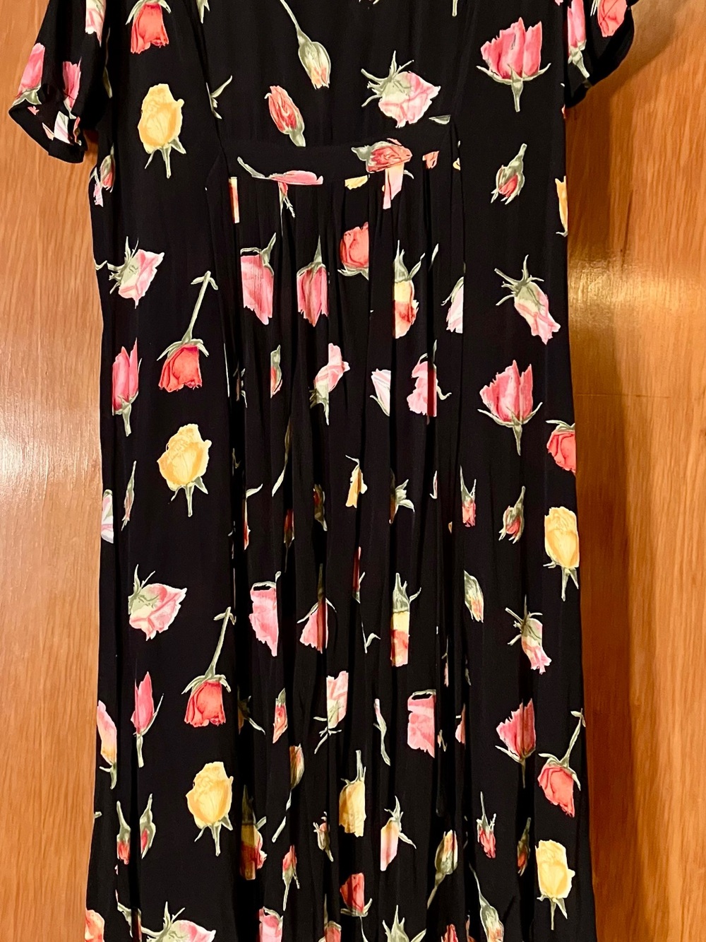 Source Unknown Black Midi Dress with Yellow & Pink Rose Print